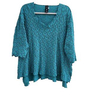Noblu Turquoise & Black Textured V-Neck 3/4 Sleeve Pullover Art to Wear Top M/L
